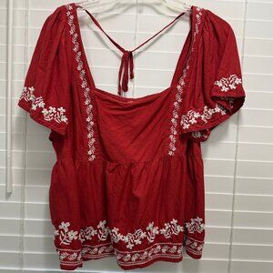 Old Navy red square neck gathered sleeve embroidered bohemian top; Size XL